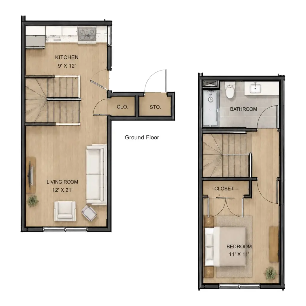 Two-level floor plan of the Teton Flats one-bedroom, one-bath duplex apartment