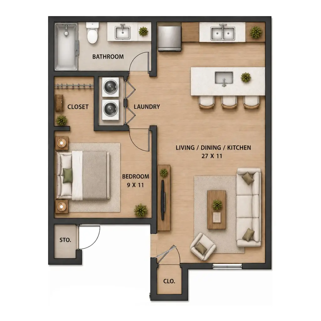 Floor plan of the Teton Flats one-bedroom, one-bath apartment