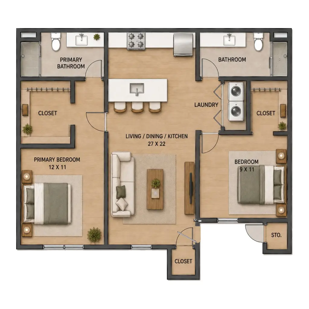 Floor plan of the Teton Flats two-bedroom, two-bath apartment