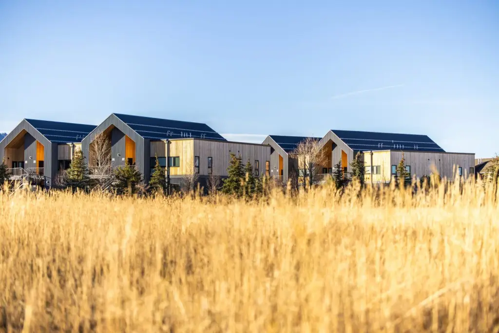 Teton Flats buildings with gabled roofs seen across tall dry grass